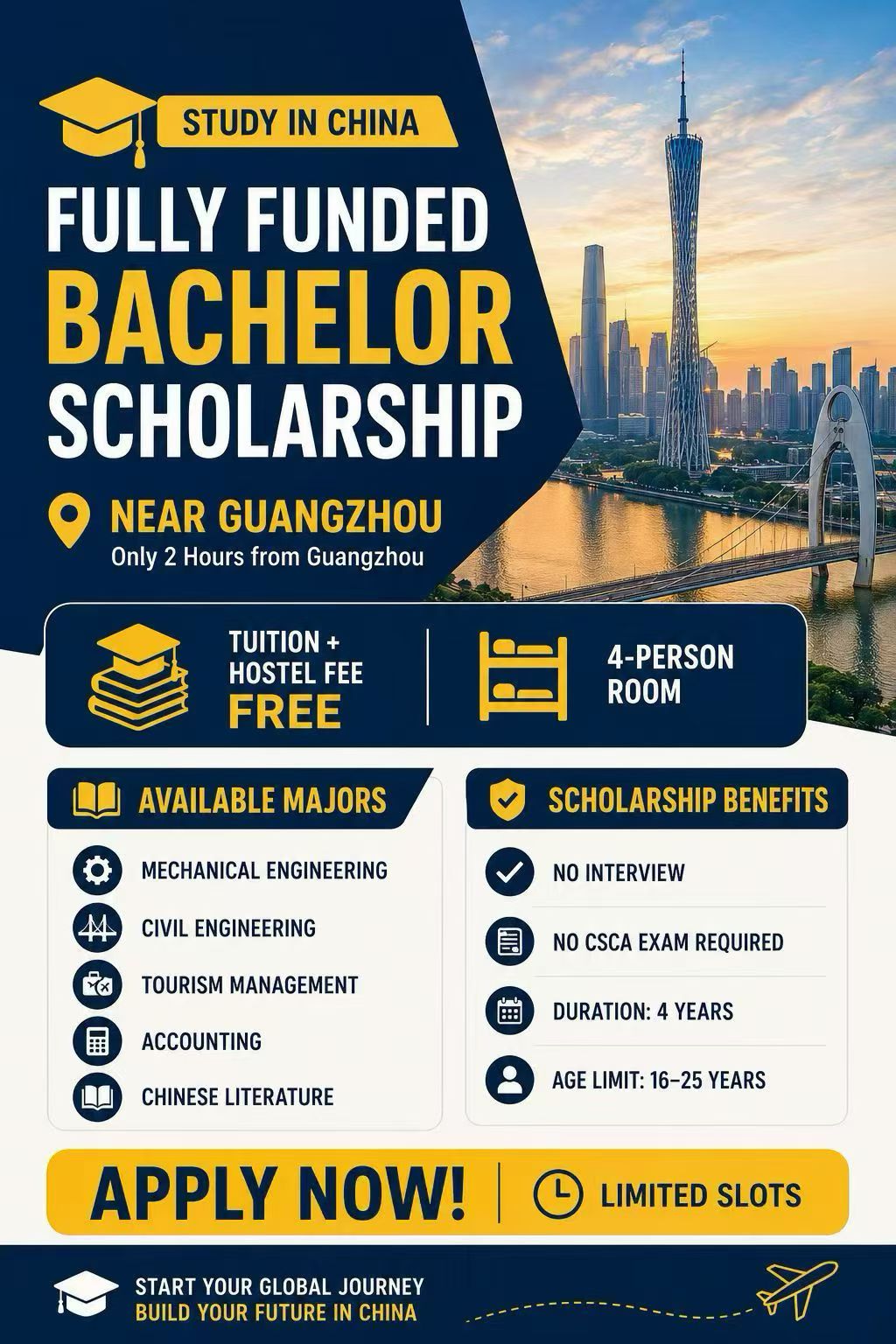 Fully Funded Bachelor Scholarship — Near Guangzhou (Tuition + Hostel Free)