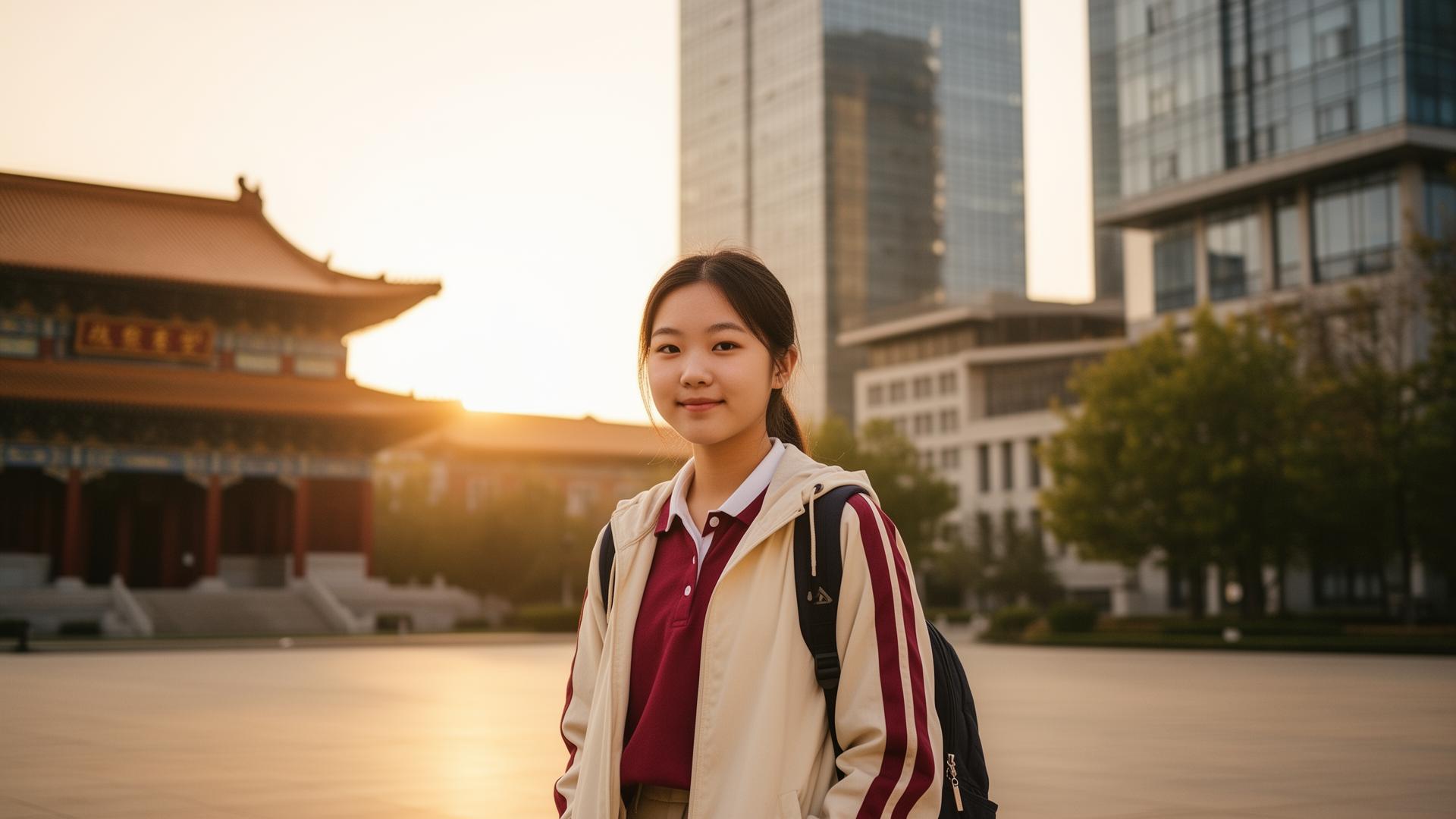 International student on a Chinese university campus at golden hour